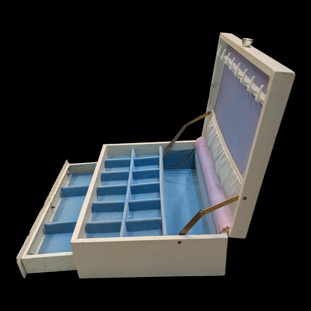 60s Mele & Co. Large Cream W Blue Interior, 3 Tiered, Pop Out Drawer Jewelry Box